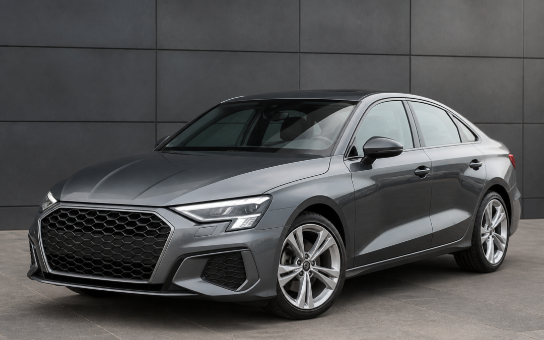 Create a high-quality editorial automotive photo of a 2022 gray Audi A3, shown in a clean studio or modern urban setting, emphasizing sleek body lines, premium details, and a realistic used-car presentation. Feature the car in three-quarter front view with polished paint, modern LED headlights, alloy wheels, and a compact luxury-sedan profile. Convey an honest marketplace listing feel with natural lighting, sharp focus, and subtle signs of used condition while keeping the vehicle attractive and well-maintained. No people, no text, no logos, no watermark.