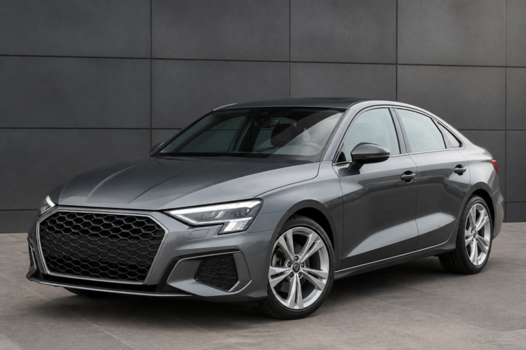 Create a high-quality editorial automotive photo of a 2022 gray Audi A3, shown in a clean studio or modern urban setting, emphasizing sleek body lines, premium details, and a realistic used-car presentation. Feature the car in three-quarter front view with polished paint, modern LED headlights, alloy wheels, and a compact luxury-sedan profile. Convey an honest marketplace listing feel with natural lighting, sharp focus, and subtle signs of used condition while keeping the vehicle attractive and well-maintained. No people, no text, no logos, no watermark.
