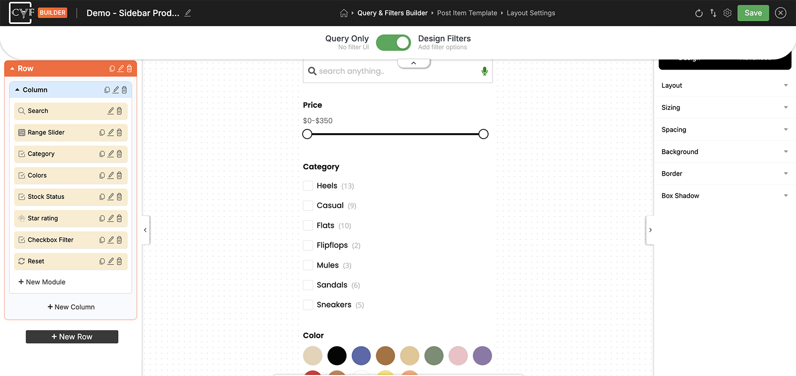 caf query and filter screen